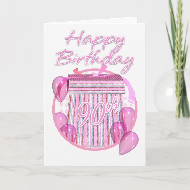 90th Birthday Gift Box - Pink - Happy Birthday Card (Front)