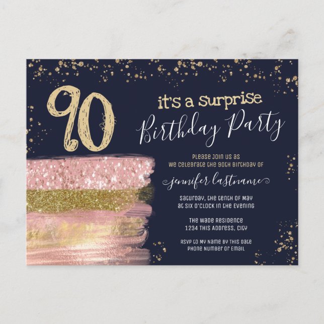 90th Birthday Glitter Cake Surprise Party Postcard (Front)