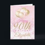90th Birthday Glitter Pink Balloon Card<br><div class="desc">A gorgeous blush pink and glitter balloon happy birthday card. This feminine design is the perfect way to wish someone a happy 90th birthday (or any age!) Personalize with our own custom name and message. Pink and gold colored typography on a bubble effect girly background. This would be perfect for...</div>