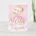 90th Birthday Glitter Pink Balloon Card<br><div class="desc">A gorgeous blush pink and glitter balloon happy birthday card. This feminine design is the perfect way to wish someone a happy 90th birthday (or any age!) Personalize with our own custom name and message. Pink and gold colored typography on a bubble effect girly background. This would be perfect for...</div>