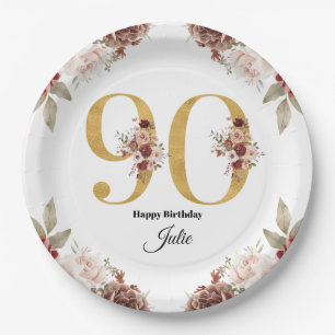 90th Birthday Gold and Burgundy Floral Personalize Paper Plates