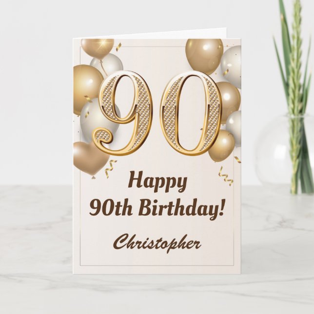 90th Birthday Gold Balloons and Confetti Birthday Card (Front)