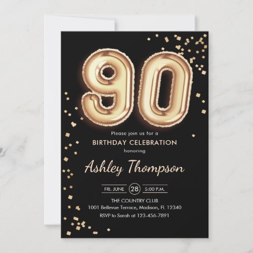90th Birthday _ Gold Balloons Black Invitation