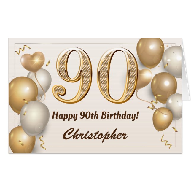 90th Birthday Gold Balloons Confetti Extra Large Card (Front Horizontal)