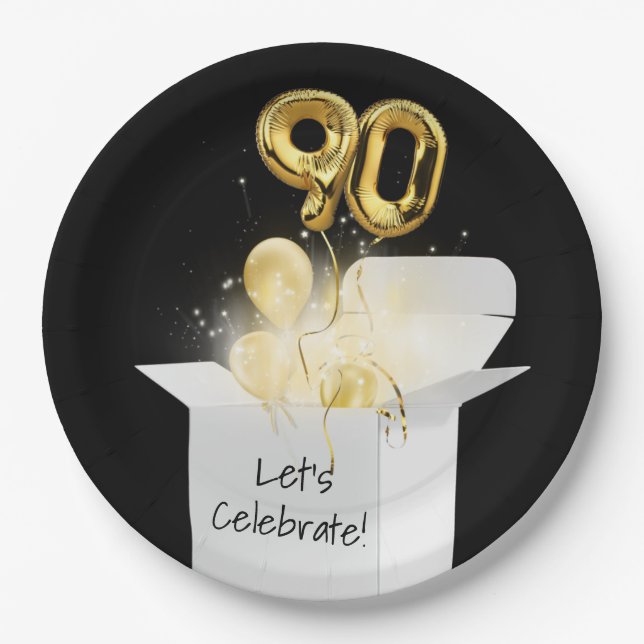 90th Birthday Gold Balloons In White Box    Paper Plates (Front)