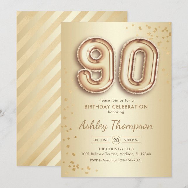 90th Birthday - Gold Balloons Invitation (Front/Back)
