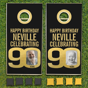 90th birthday gold & black custom photo cornhole set