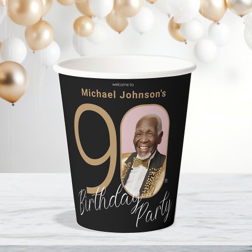 90th Birthday Gold Black Elegant Custom Photo  Paper Cups