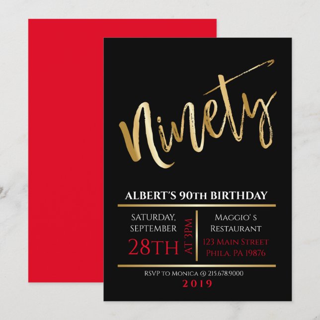 90th Birthday Gold Black Party Invitation (Front/Back)