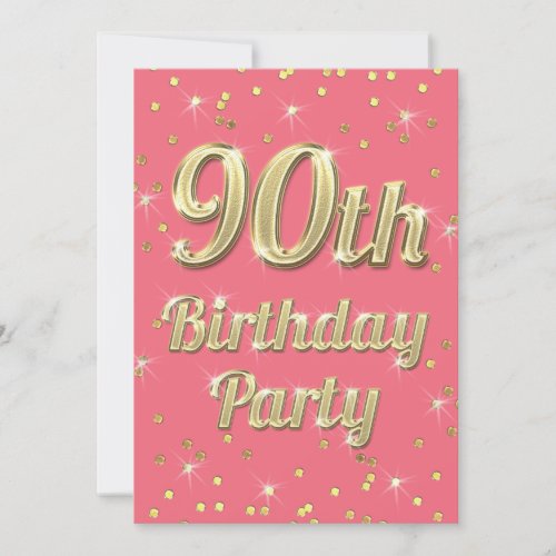90th Birthday Gold Bling Typography Confetti Pink Invitation