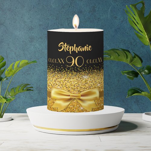 90th birthday gold bow black name age pillar candle