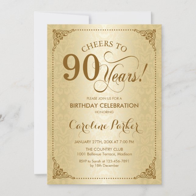 90th Birthday - Gold Damask Invitation (Front)