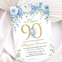 90th Birthday Gold Dusty Blue Floral Surprise