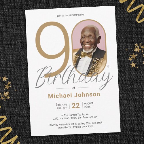 90th Birthday Gold Elegant Modern Custom Photo  Invitation