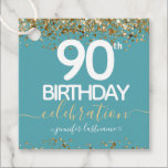 90th Birthday Gold Elegant Script Favor Tags<br><div class="desc">Lovely faux foil border with shimmering confetti highlights on the top and bottom border. All text is adjustable and easy to change for your own party needs. Great elegant 90th birthday template design.</div>