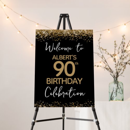 90th Birthday Gold Glitter and Black Welcome Foam Foam Board