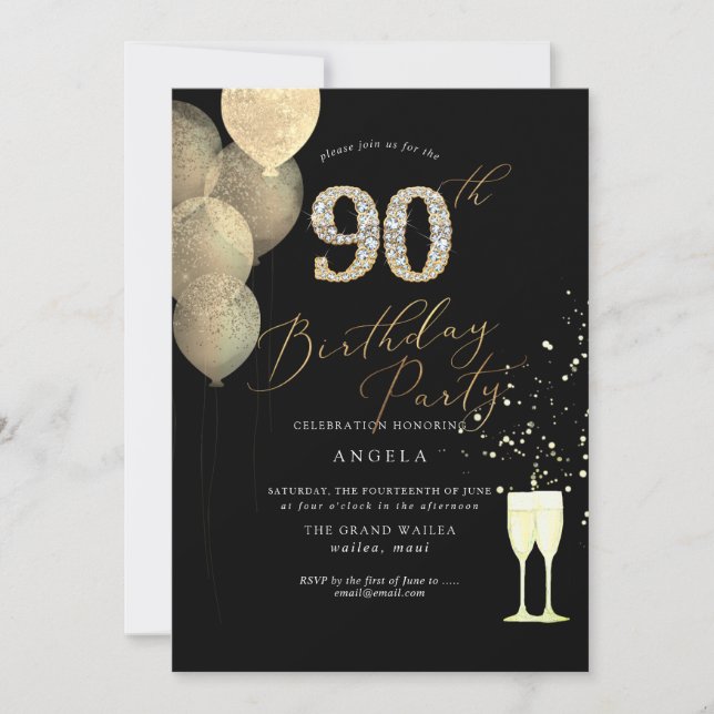 90th Birthday Gold Glitter Balloons Diamond Invitation (Front)