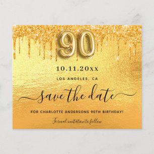 90th birthday gold glitter budget save the date flyer