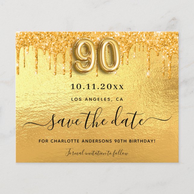 90th birthday gold glitter budget save the date flyer (Front)