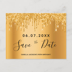 90th birthday gold glitter details save the date postcard