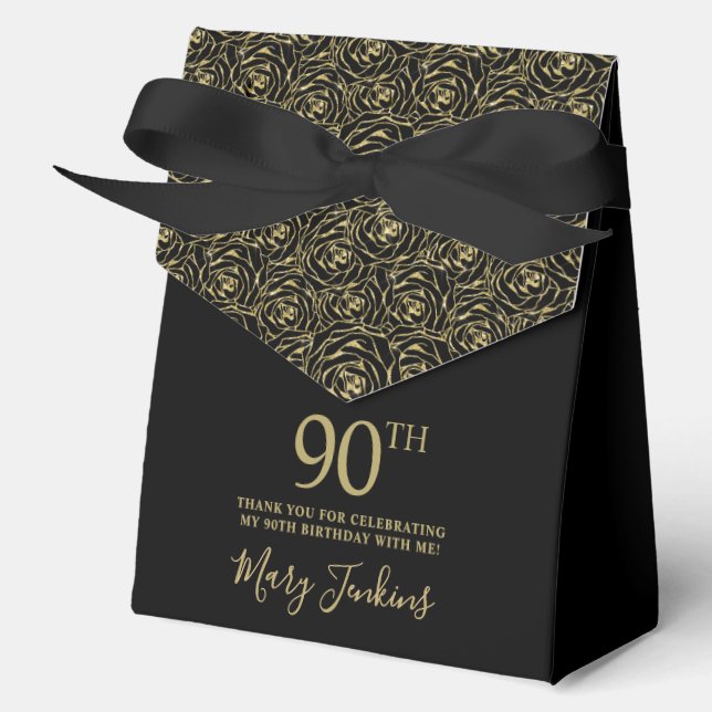 90th Birthday Gold Glitter Roses Thank You  Favor Boxes (Front)