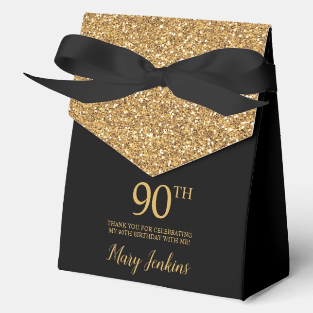 90th Birthday Gold Glitter Thank You Favor Boxes (Front)