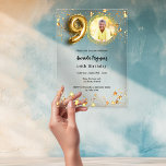 90th birthday gold photo stars clear acrylic invitations<br><div class="desc">For an elegant milestone 90th birthday party.  A clear,  transparent background. Golden stars,  and the number 9 in faux gold.  Personalize and add your photo,  name and party details.</div>