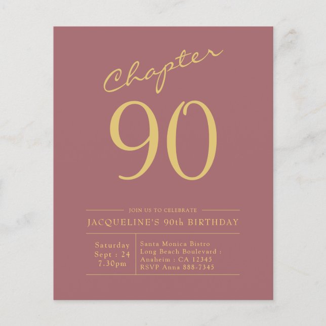 90th Birthday Gold Pink Budget Invitation Flyer (Front)