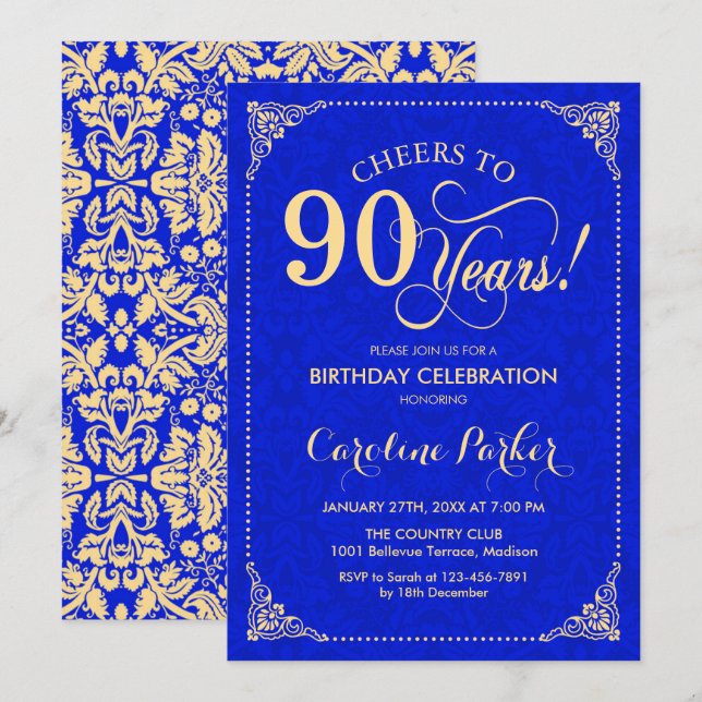 90th Birthday - Gold Royal Blue Damask Invitation (Front/Back)