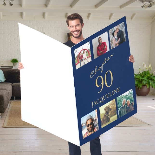 90th Birthday Gold Script Blue Giant Photo Card (Creator Uploaded)