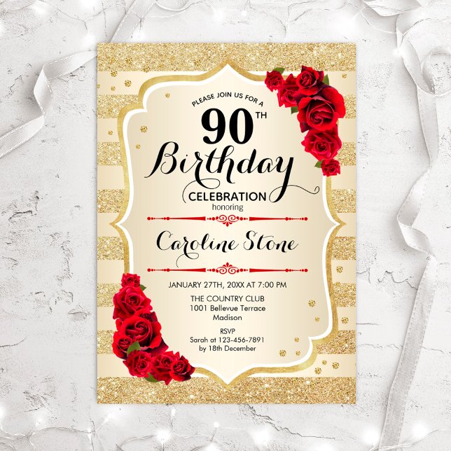 90th Birthday - Gold Stripes Roses Invitation (Creator Uploaded)