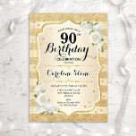 90th Birthday - Gold Stripes White Roses Invitation<br><div class="desc">90th Birthday Invitation. Elegant design in gold and white. Features faux glitter gold stripes,  white roses stylish script font and confetti. Perfect for a glam birthday party.</div>