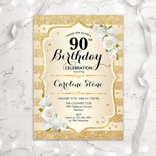 90th Birthday _ Gold Stripes White Roses Invitation