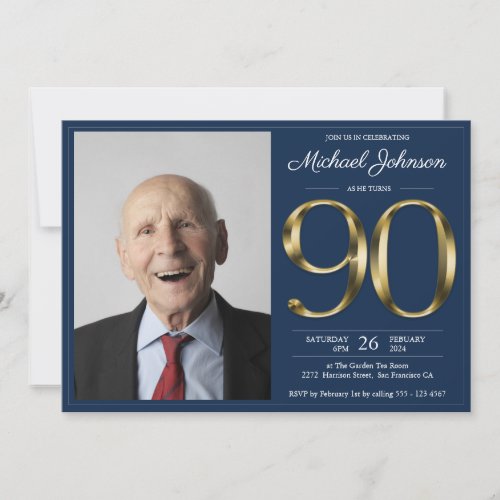 90th Birthday Gold Text Navy Blue Classy Photo
