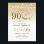 90th Birthday - Gold White Invitation<br><div class="desc">90th Birthday Invitation.
Elegant gold white design with fairy string lights and script font. Cheers to 90 years. Can be personalized into any age! Message me if you need further customization.</div>
