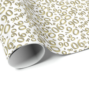90th Birthday Gold & White Random Number Pattern Wrapping Paper