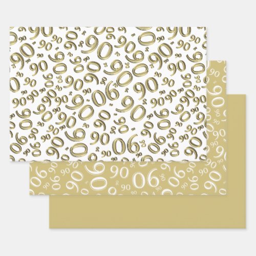 90th Birthday Gold  White Random Number Pattern Wrapping Paper Sheets