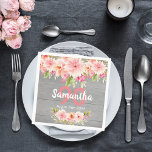 90th birthday gray wood blush pink floral rustic napkins<br><div class="desc">A rustic style napkin for 90th birthday party. With contemporary pink, peach and coral colored watercolored dahlia flowers. A rustic gray painted wooden wall as background. Templates for a name, age and a date. Date of birth or the date of the party. The name is written with white colored hand...</div>