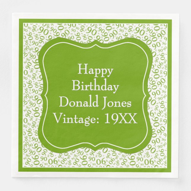 90th Birthday Green/White Bracket Number Pattern Paper Dinner Napkins (Front)