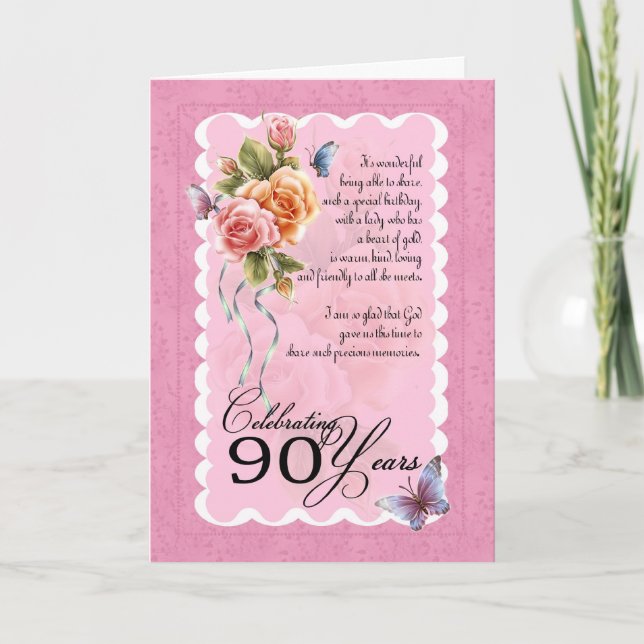 90th birthday greeting card - roses and butterflie (Front)