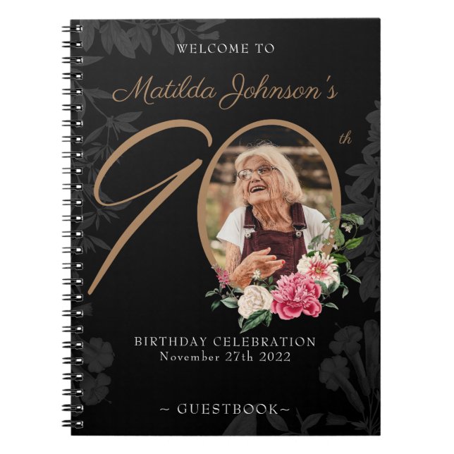 90th Birthday Guestbook Black Gold Floral Photo  Notebook (Front)