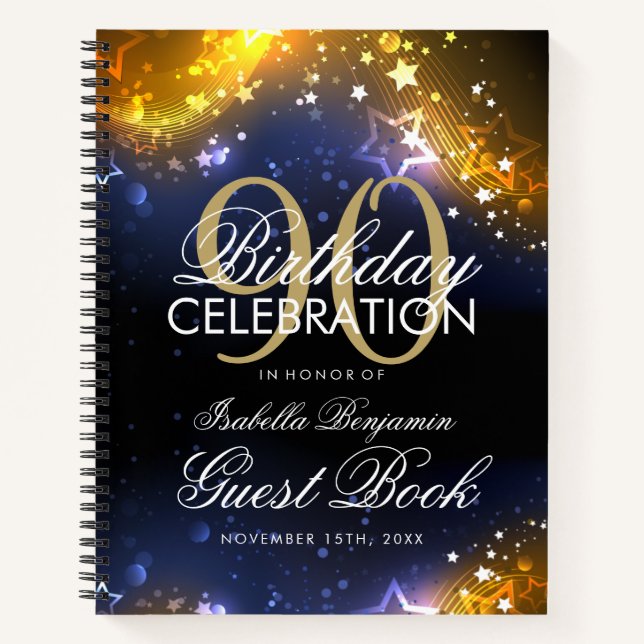 90th Birthday Guestbook Party Sparkles Gold Notebook (Front)