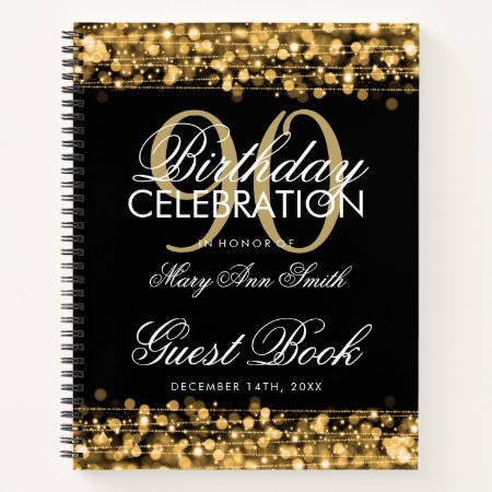 90th Birthday Guestbook Party Sparkles Gold Notebook
