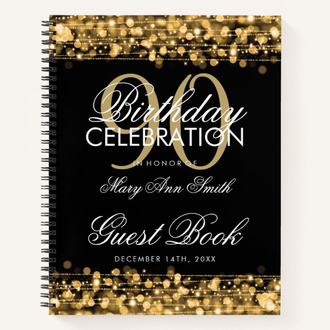 90th Birthday Guestbook Party Sparkles Gold Notebook (Front)