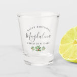 90th Birthday Holly December Birth Flower Custom Shot Glass<br><div class="desc">Festive green holly and red berries decorate this birthday party can cooler. Elegant typography spells out Happy Birthday and Cheers to your birthday years. The birthday celebrant's name is written in between in a trendy script.</div>