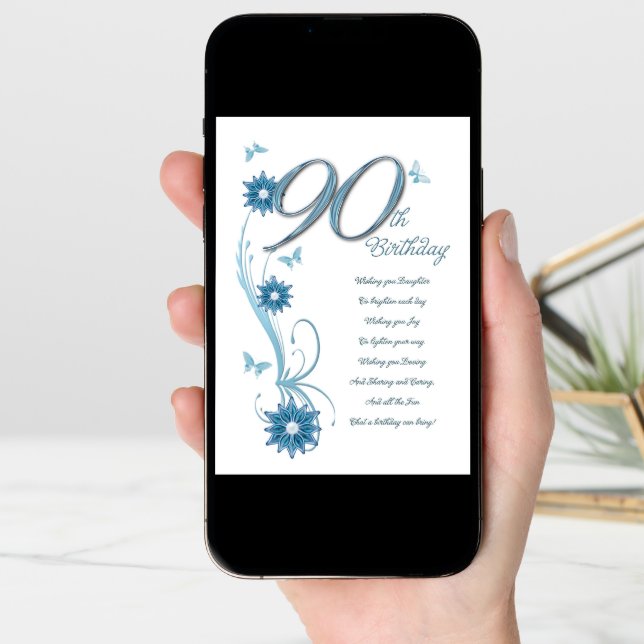 90th birthday in teal with flowers and butterfly card (Front Digital)