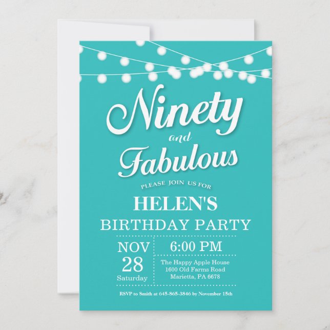 90th Birthday Invitation Aqua Turquoise Fabulous (Front)