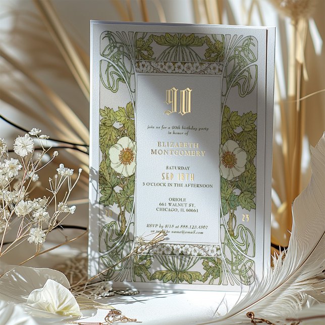 90th Birthday Invitation Art Nouveau by Mucha Foil Invitation (Creator Uploaded)