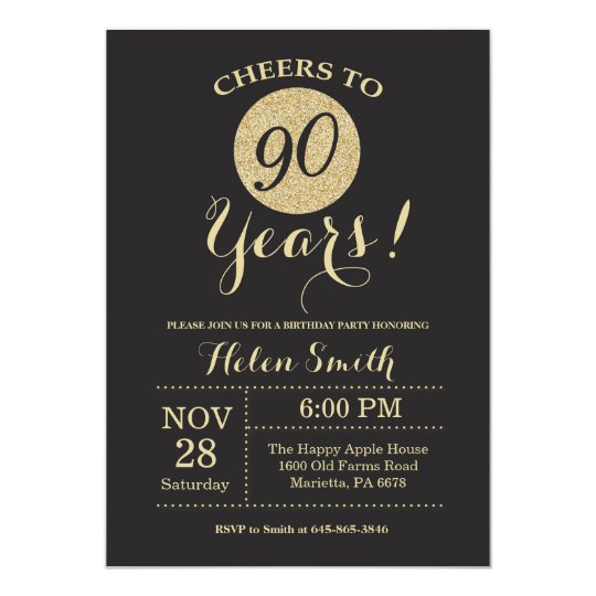 90th Birthday Invitation Black And Gold Glitter Zazzle 90th Birthday Invitation Black And Gold Glitter