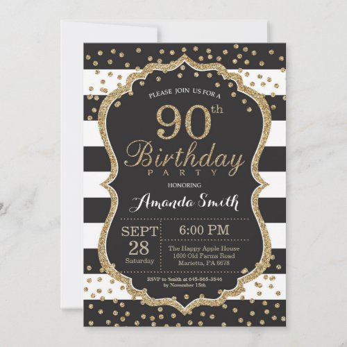 Black Striped Invitation - Choose Silver or Gold Glitter Accents
